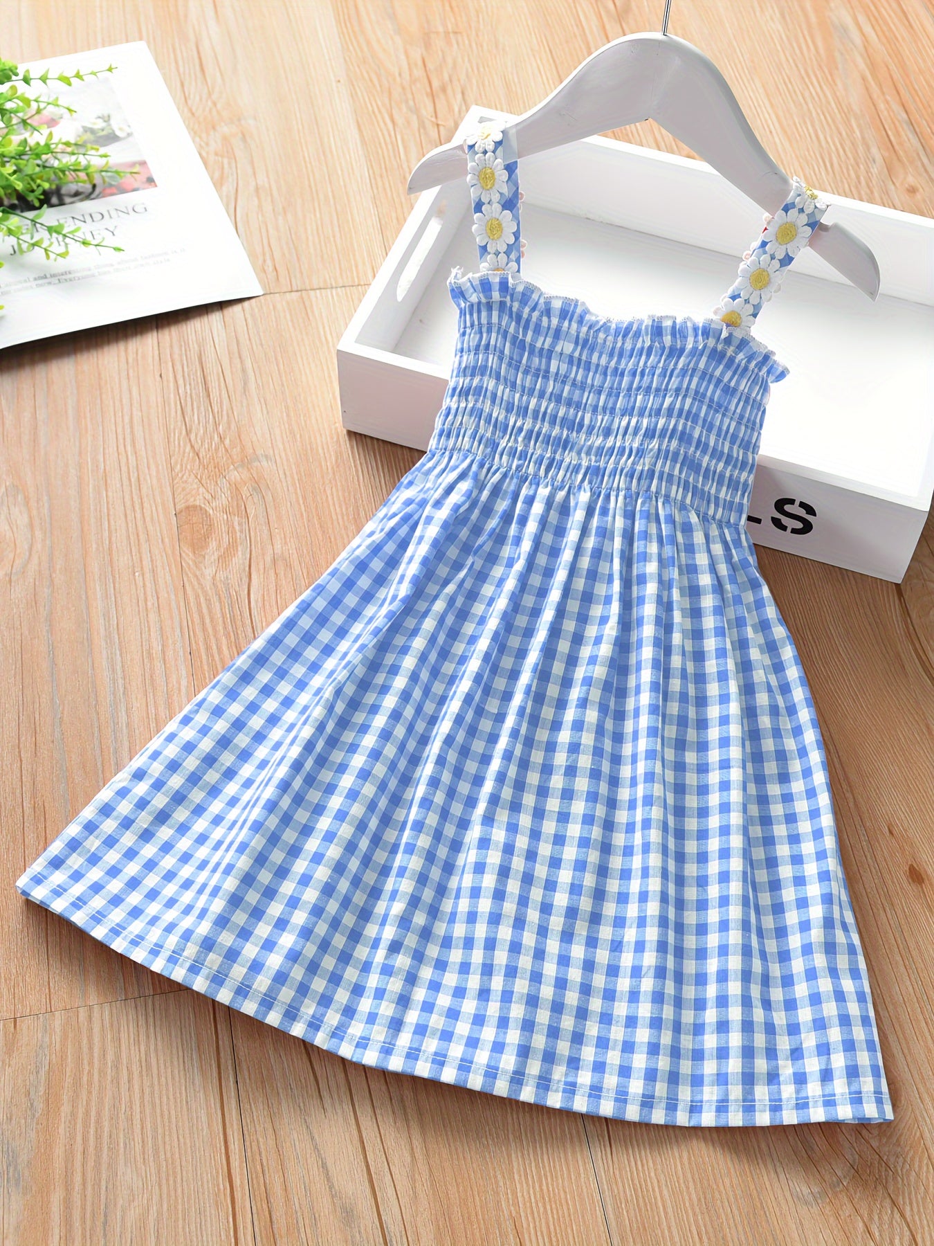 Girls' New Summer Daisy Plaid Casual Dress