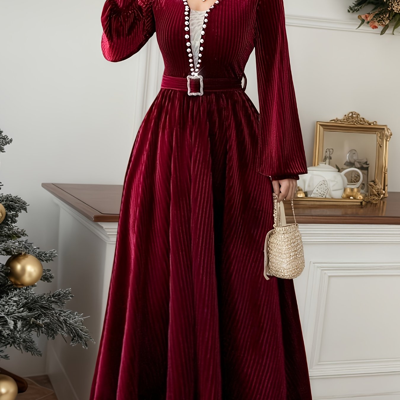 Burgundy Velvet Pearl Dress, Christmas Day, Fall-Winter
