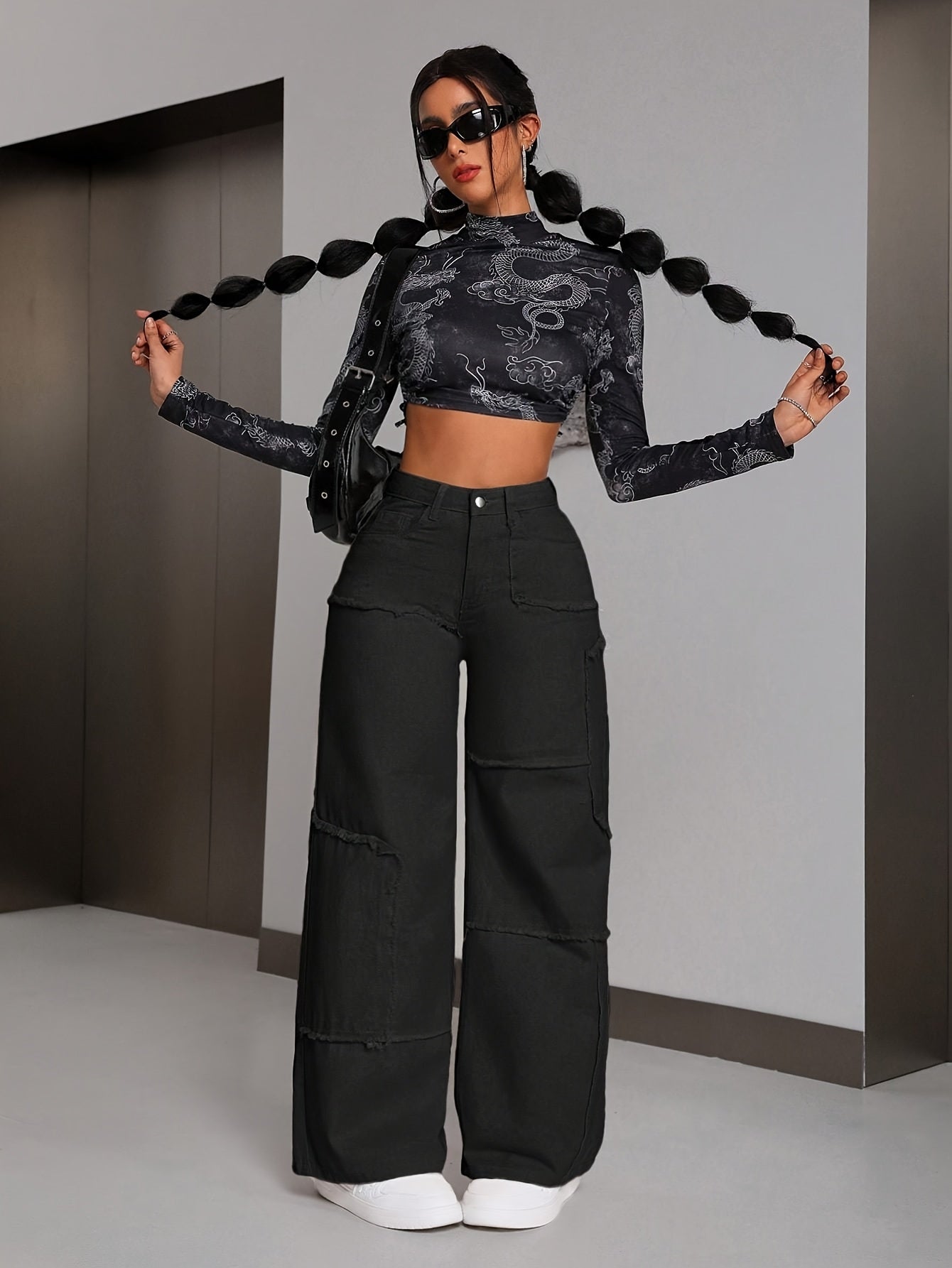 Women's Mid-Rise Stretch Denim Wide-Leg Pants - Asymmetrical Knee-Length Fringe Detail