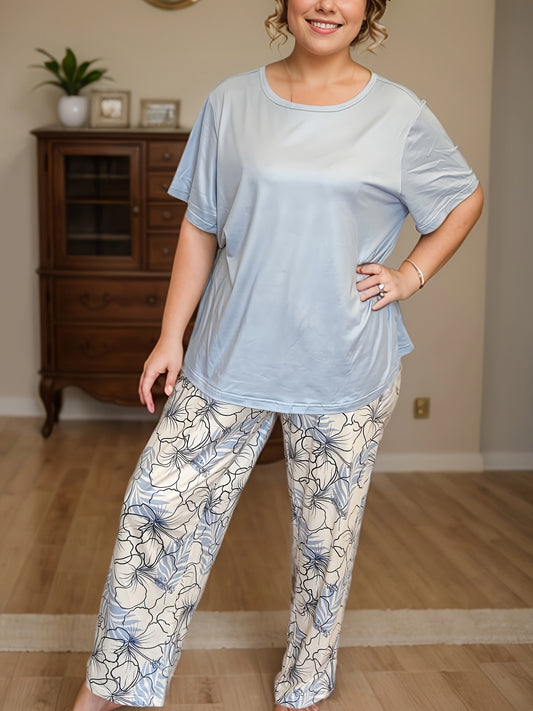 Plus Size Women's Blue Floral Print Pajama Set