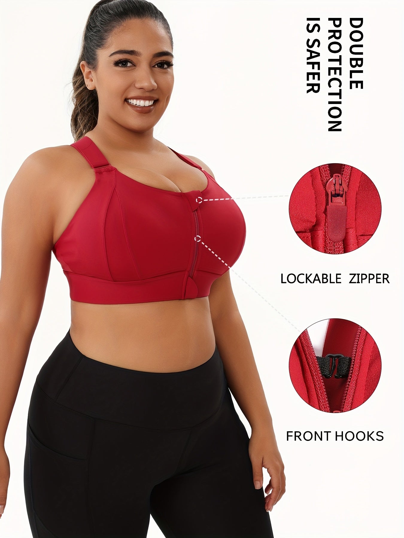 [Plus Size Sports Bra] High-Elasticity Plus Size Sports Bra | Women's Blue Bra with Zipper, Non-Removable Padding, Adjustable Shoulder Straps