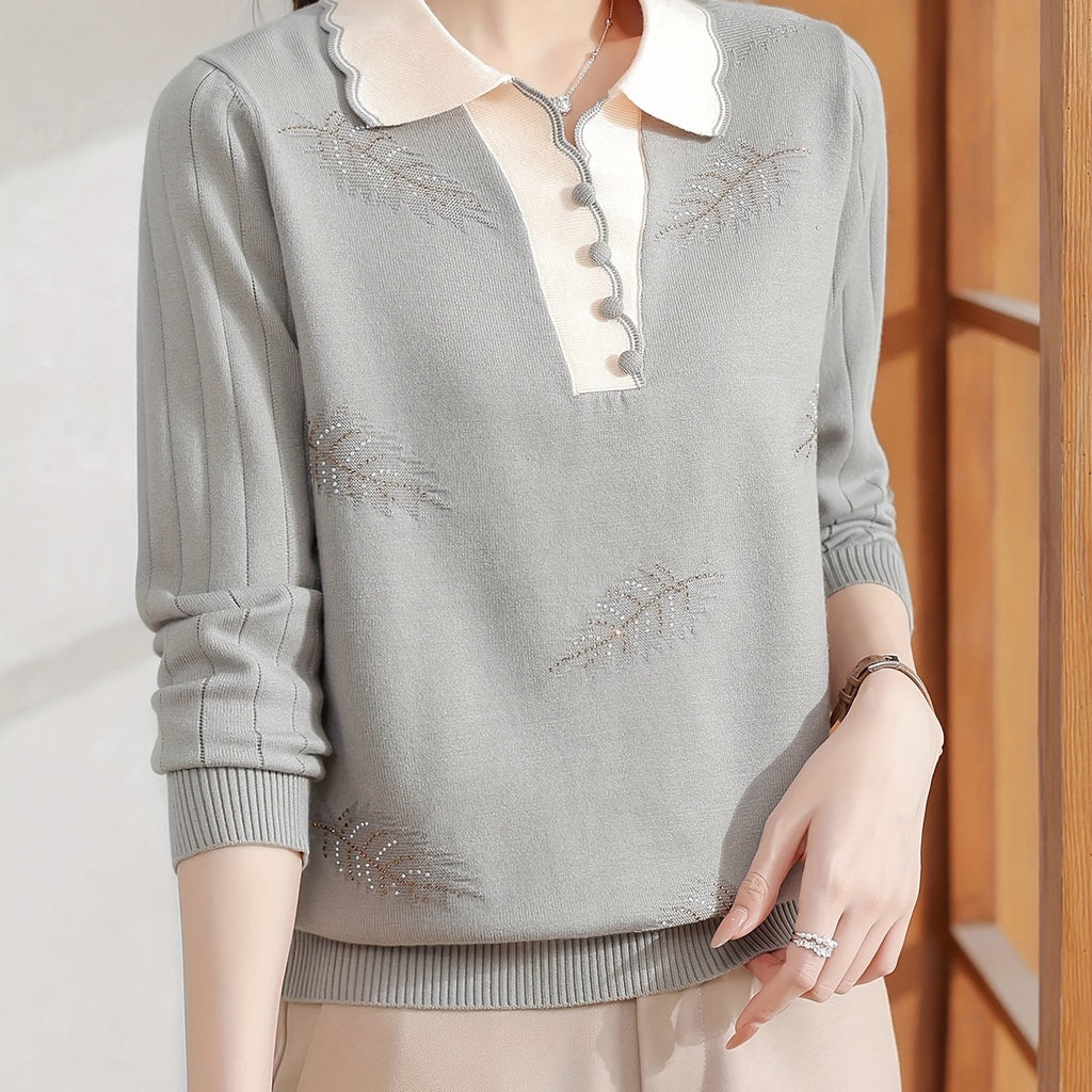 Women'S Elegant V-Neck Sweater - Lightweight Breathable Long Sleeve Blouse with Classic Collar