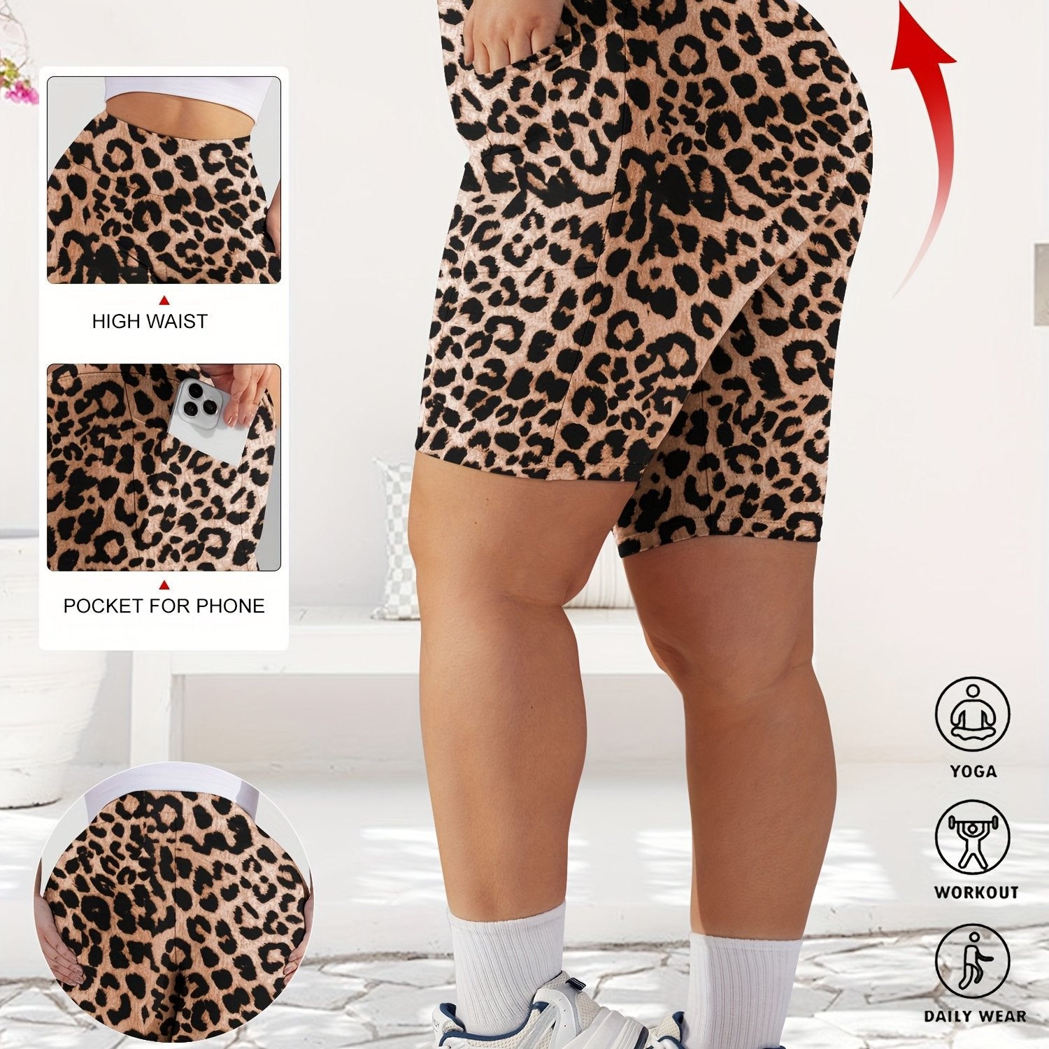 Plus Size Women's High-Waist Leopard Print Shorts