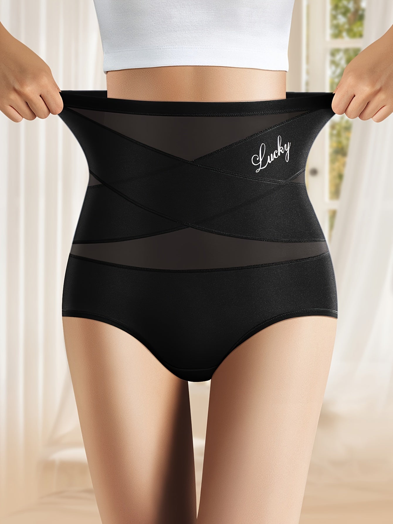 1pc MIOTAN High-Waisted Tummy Control Women'S Briefs, Breathable Mesh Crossed Waist Cincher, Fiber, Seamless Shaping Underwear with Butt Lifting, Elegant Solid Color, 90% Polyester 10% Elastane, 200gsm Knit Fabric - 1pc