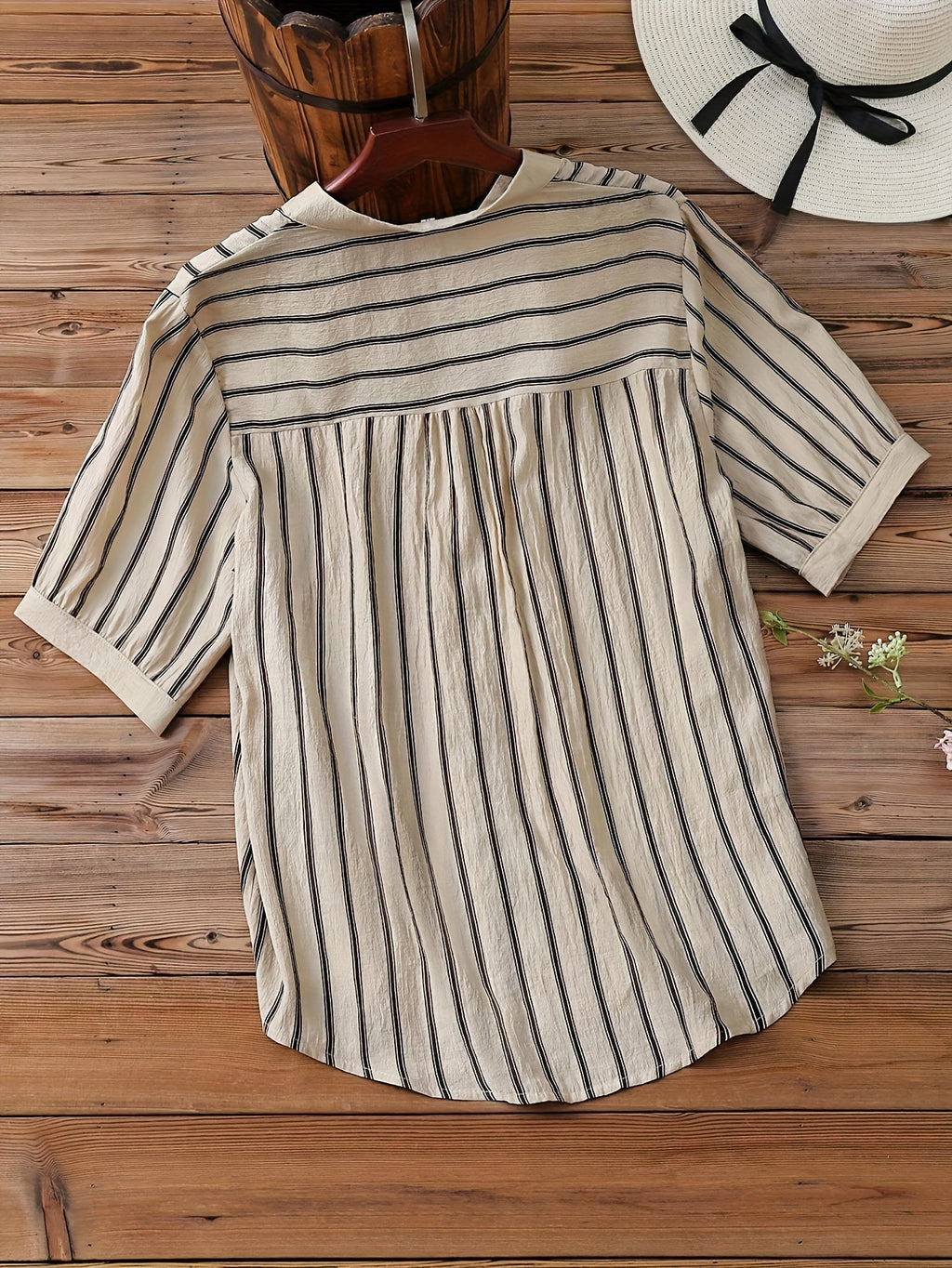 Women's Casual Business V-Neck Button-Up Shirt - Short Sleeve Striped Blouse with Chest Pocket