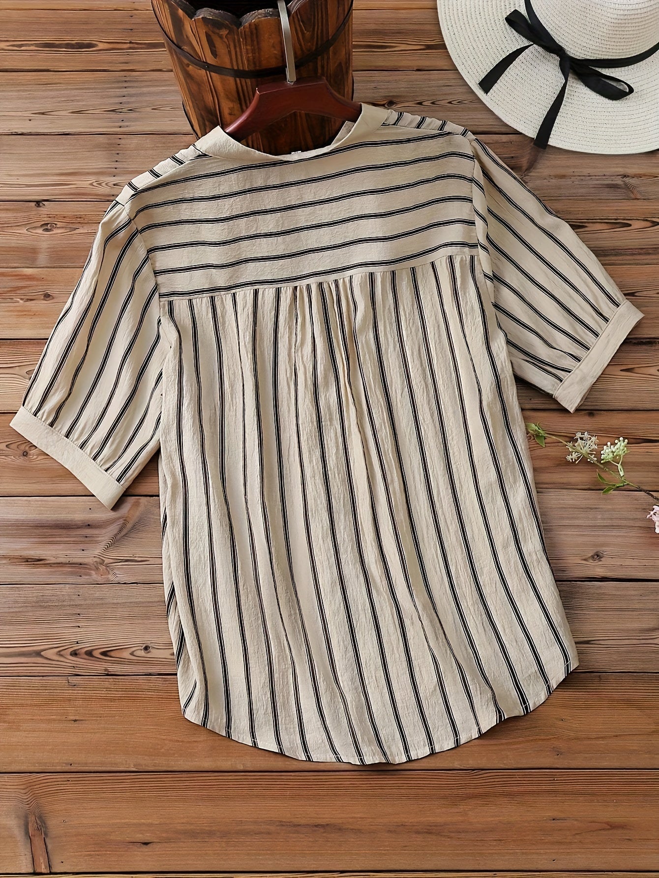 Women's Casual Business V-Neck Button-Up Shirt - Short Sleeve Striped Blouse with Chest Pocket
