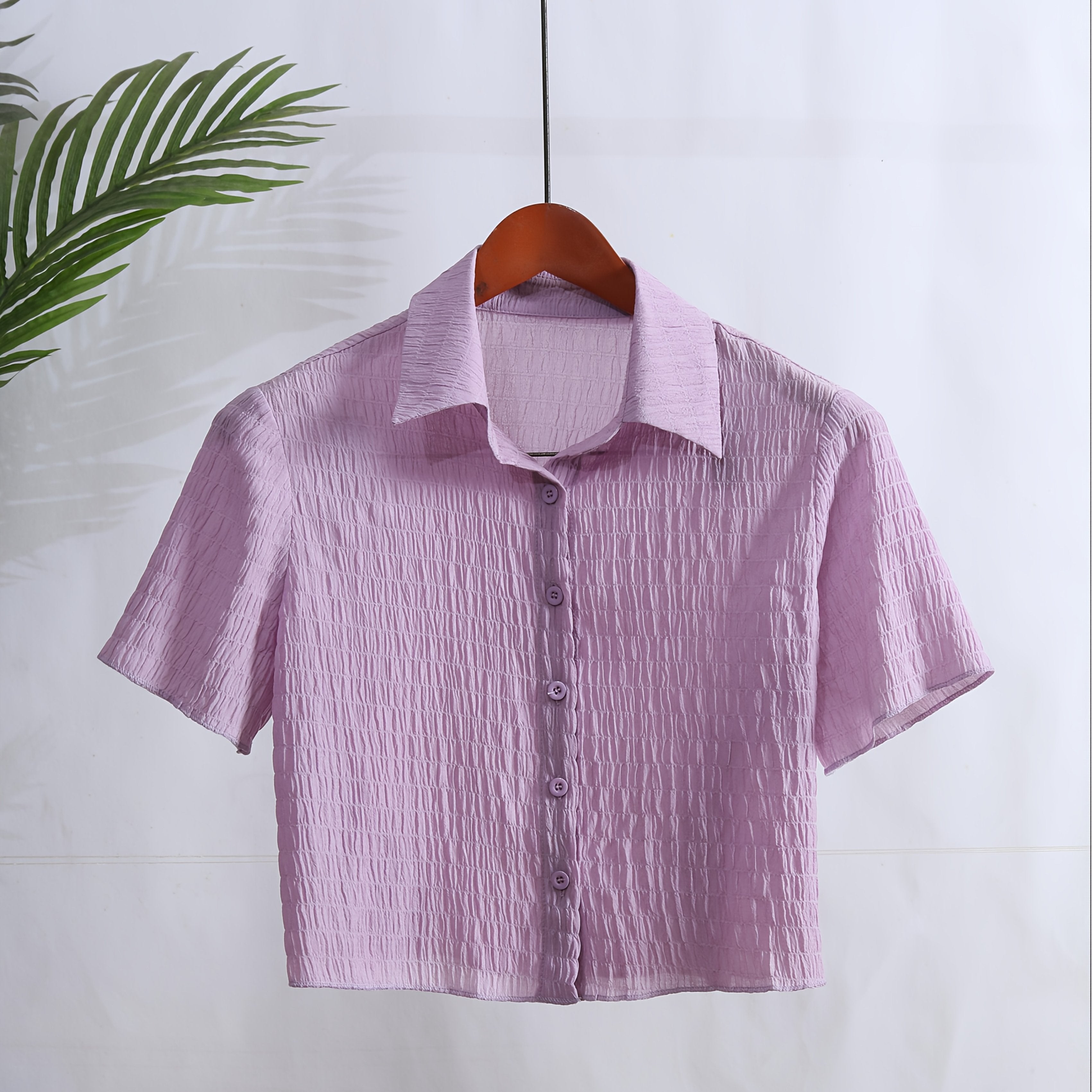 Women's Casual Red Short Sleeve Button-Up Shirt - Machine Washable, Collared Design
