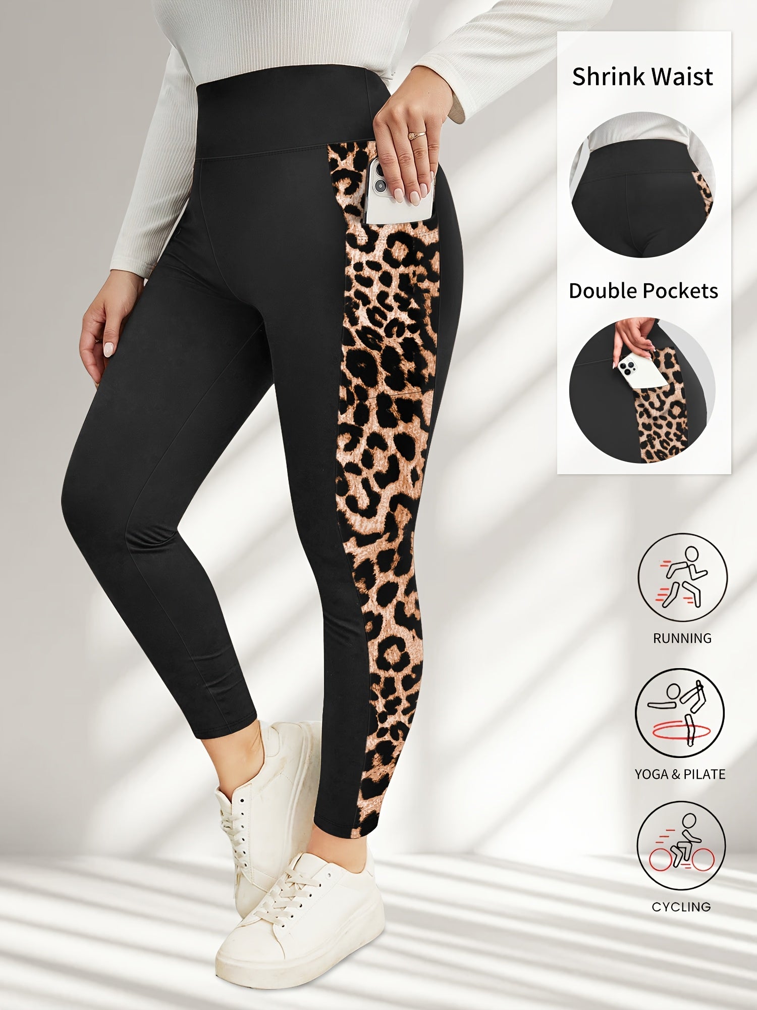Plus Size High-Waisted Stretchy 9/10 Length Leggings with Side Leopard Print