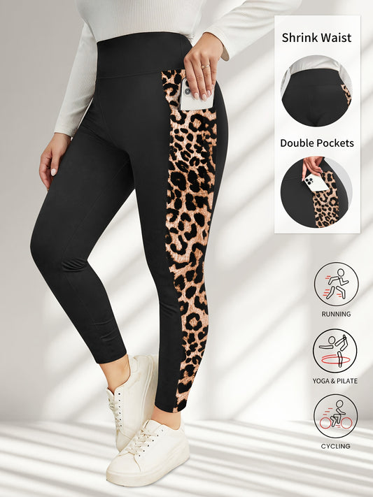 Plus Size High-Waisted Stretchy 9/10 Length Leggings with Side Leopard Print