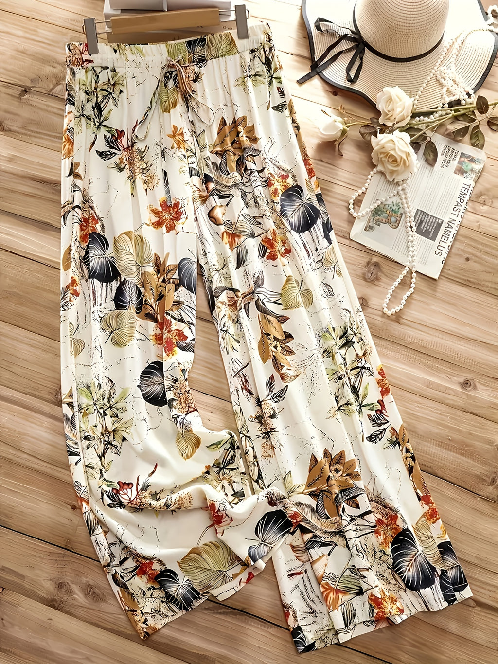 Women's Tropical Floral Print Elastic Waist Straight-Leg Pants