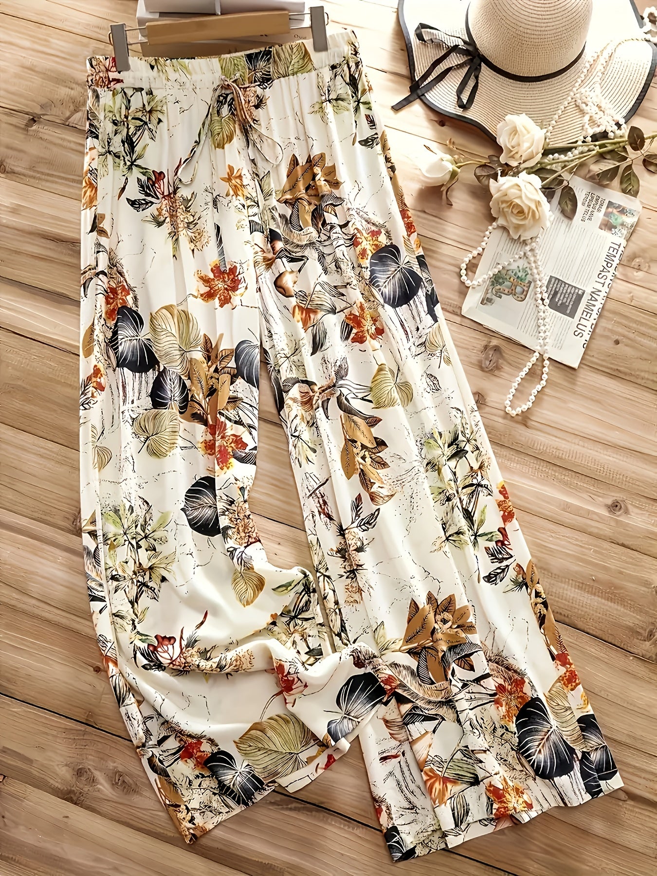 Women's Tropical Floral Print Elastic Waist Straight-Leg Pants