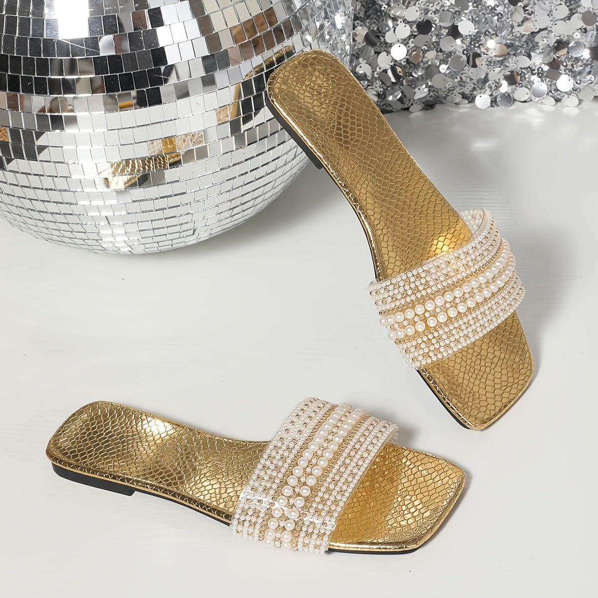 Elegant Women's Summer Flat Slide Sandals - Chic Square Toe with Pearl & Rhinestone Embellishments, Casual Slip-On Design, Faux Cover