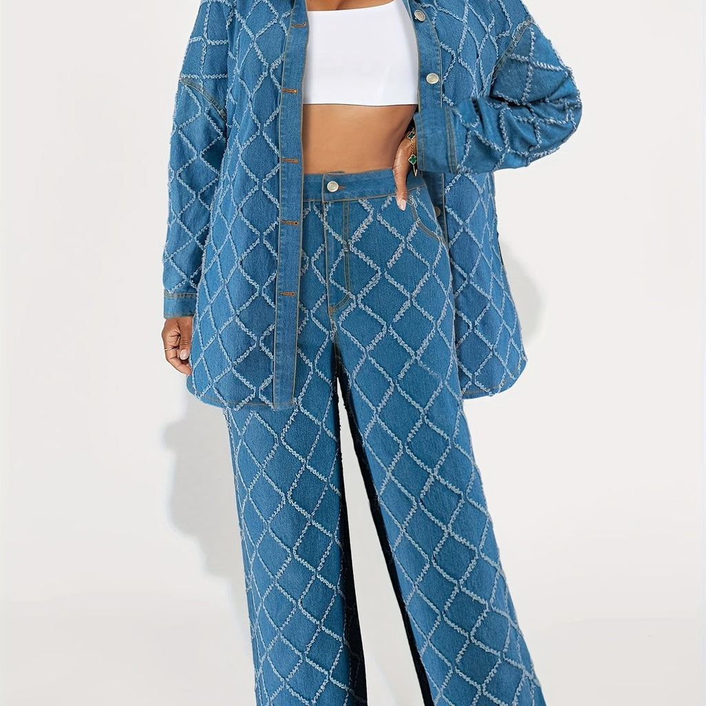 218571# Cross-Border Women's Plaid Craft Denim Two-Piece Set