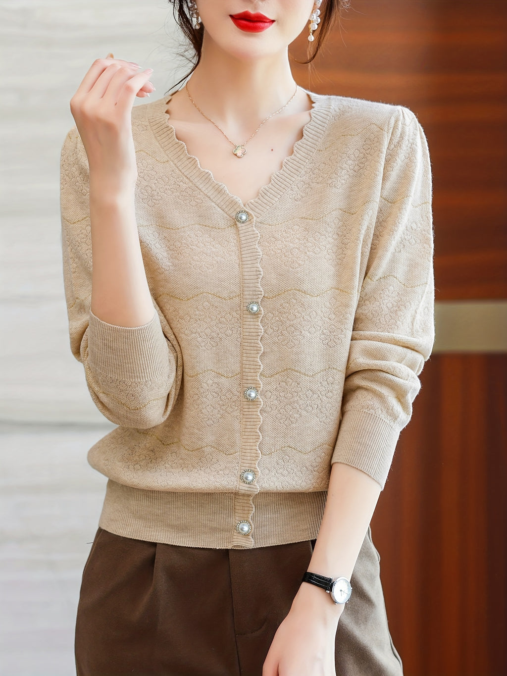 Women'S Elegant V-Neck Blouse - Lightweight Breathable Long Sleeve Shirt with Button Front