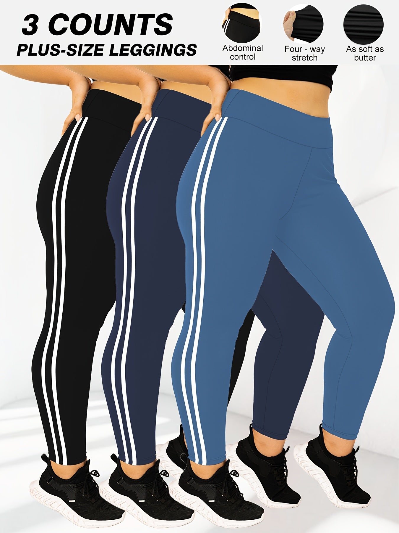 3-Pack Plus Size High-Waisted Tight-Fit Leggings