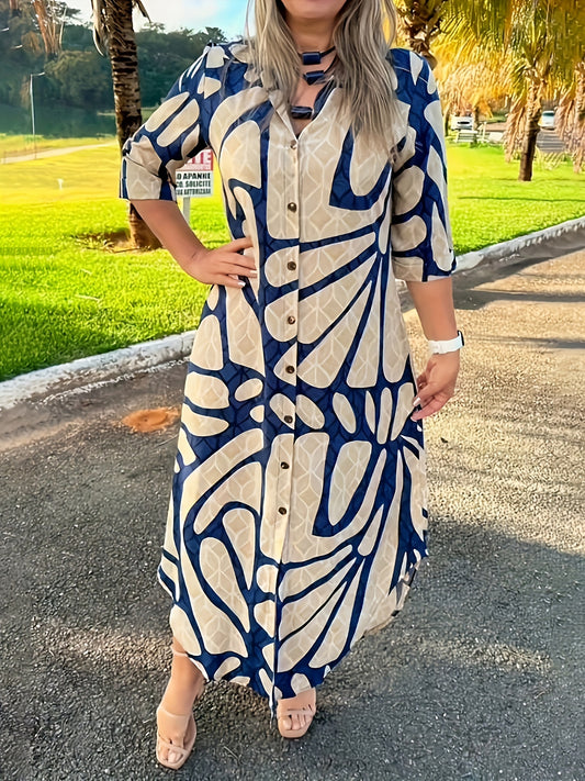 Allover Print Button Front Shirt Dress, Elegant Long Sleeve Loose Fit Dress
