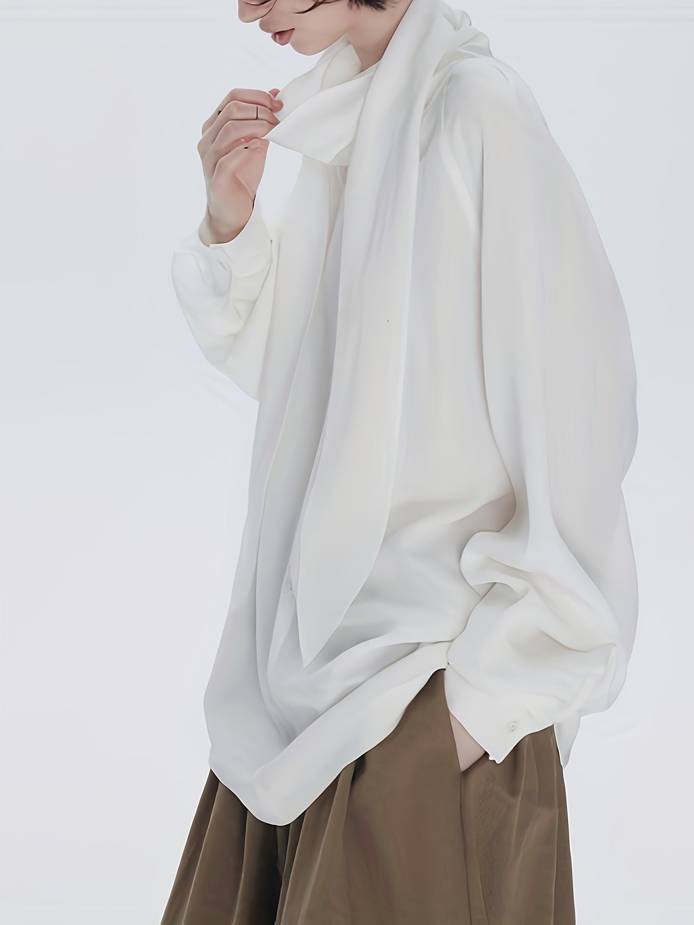 White Scarf Collar/Bow Tie Shirt - Long Sleeve Loose Fit Button- Blouse