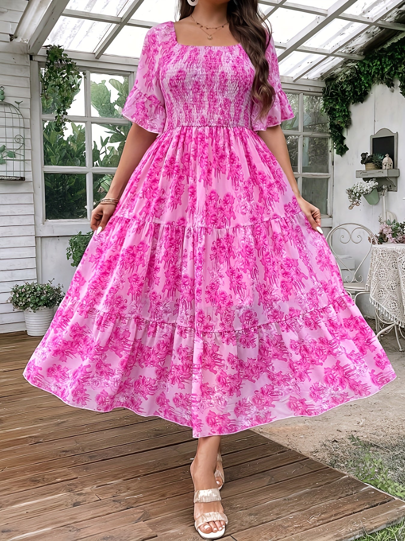 Plus Size Floral Print Chiffon Dress - Loose Fit
