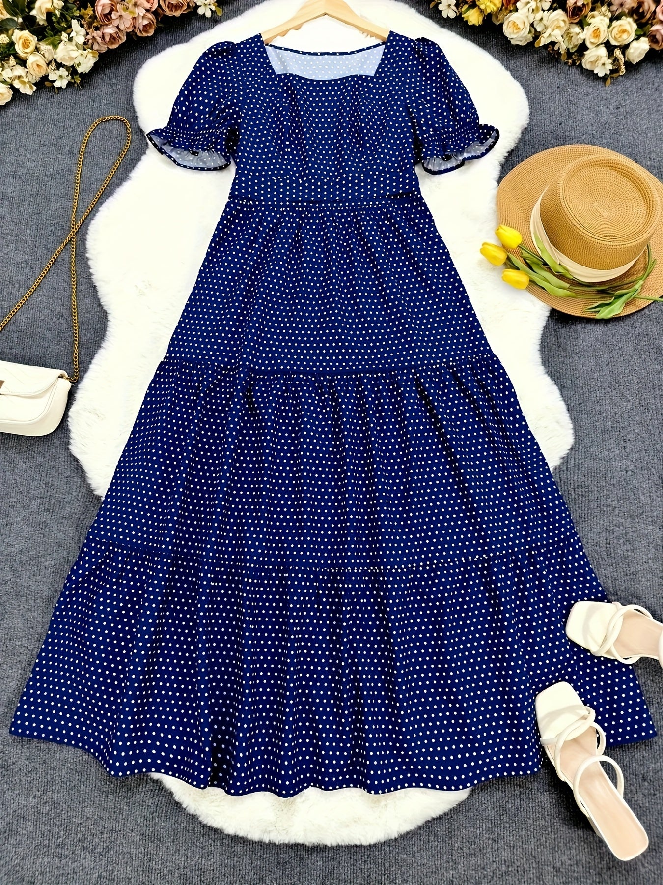 Women's Puff Sleeve A-Line Dress with Adjustable Waist Belt - Square Neck Casual Vacation Dress for Spring/Summer