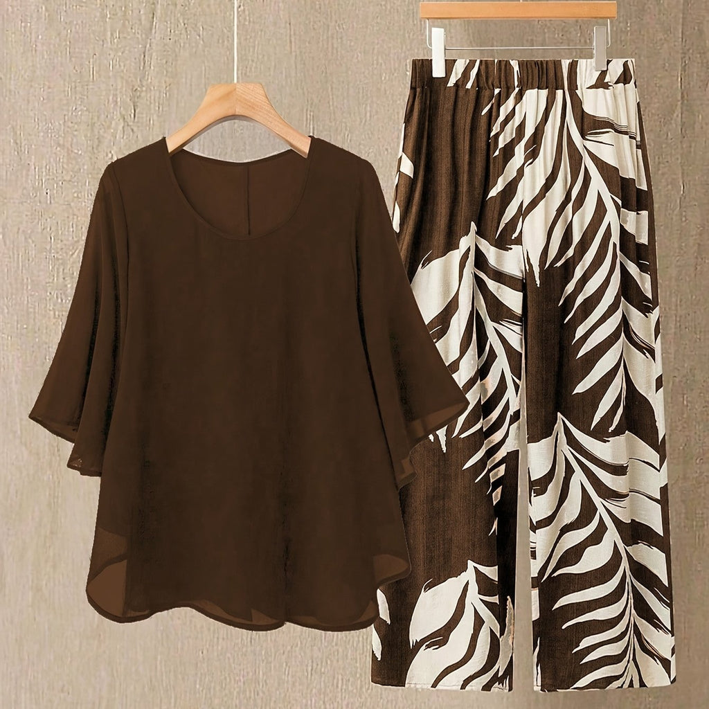 Elegant Chiffon Blouse & Leaves Print Pants Set - Stylish Round Neck, Short Sleeve