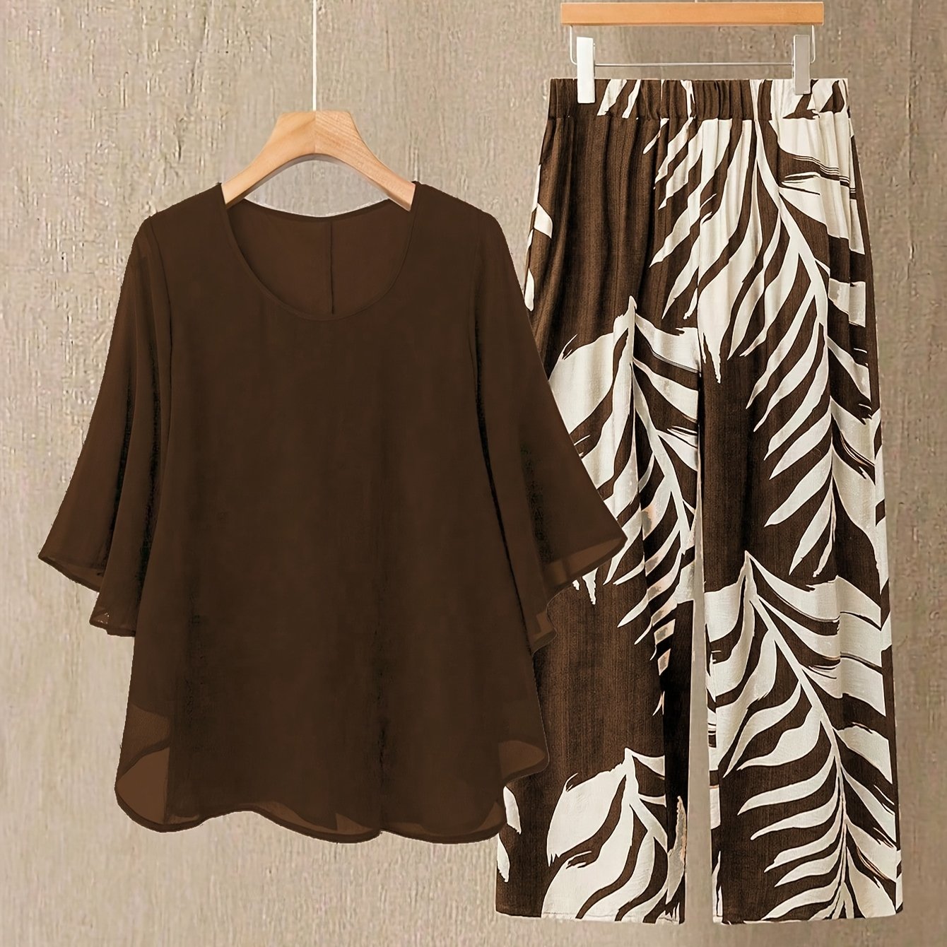 Elegant Chiffon Blouse & Leaves Print Pants Set - Stylish Round Neck, Short Sleeve