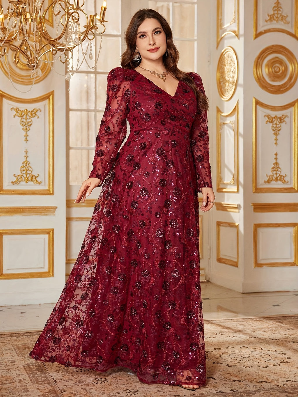 Plus Size, Elegant V-Neck Sequin Embellished Mermaid Evening Gown with Long Lampshade Sleeves