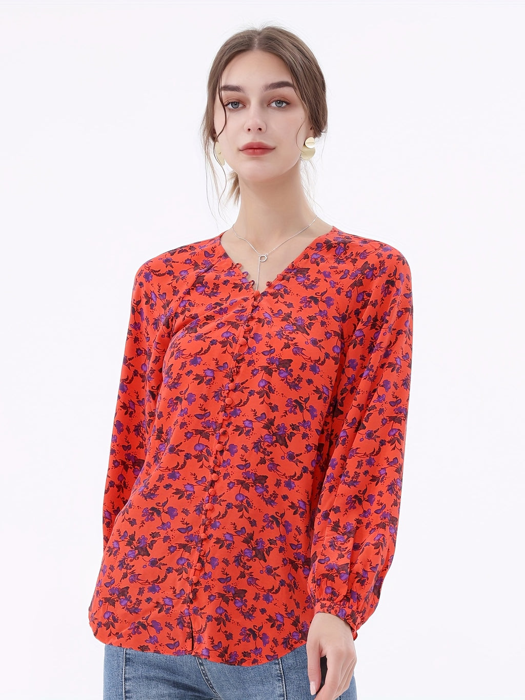 Floral Print V Neck Blouse, Casual Long Sleeve Blouse For Women