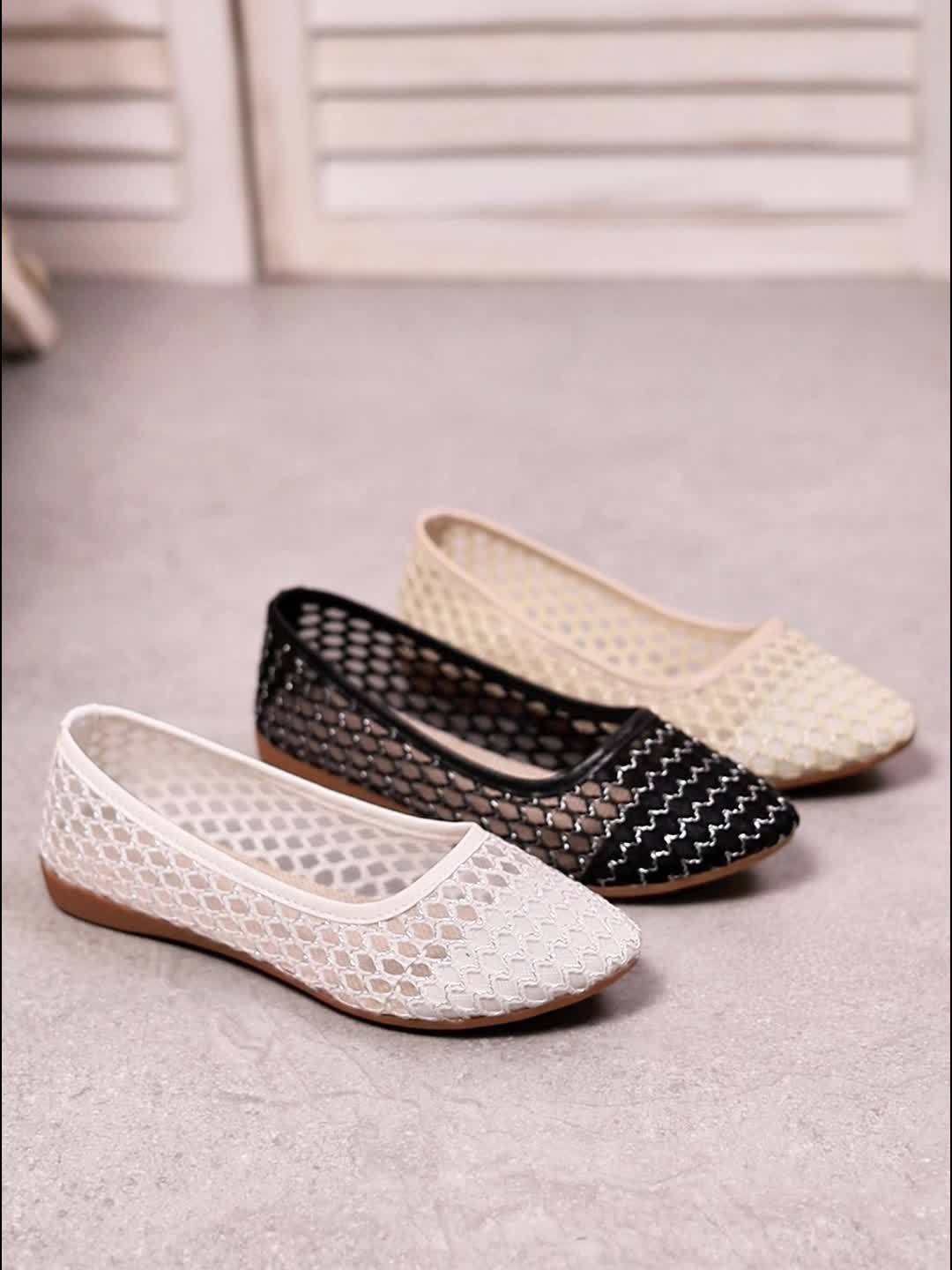 [Elegant Ballet Shoes] Elegant Women's Ballet Shoes | Floral Pattern Slip-On Pointed Toe Sole, Breathable Comfortable Flat Shoes, Low-cut Black and White