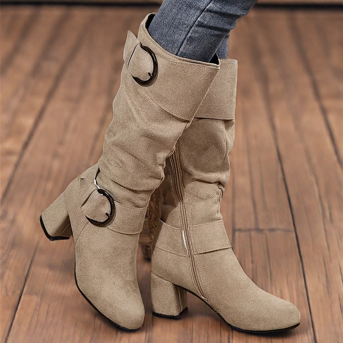 Women's Knee-High Boots - Mid Heel Platform with Zipper Closure