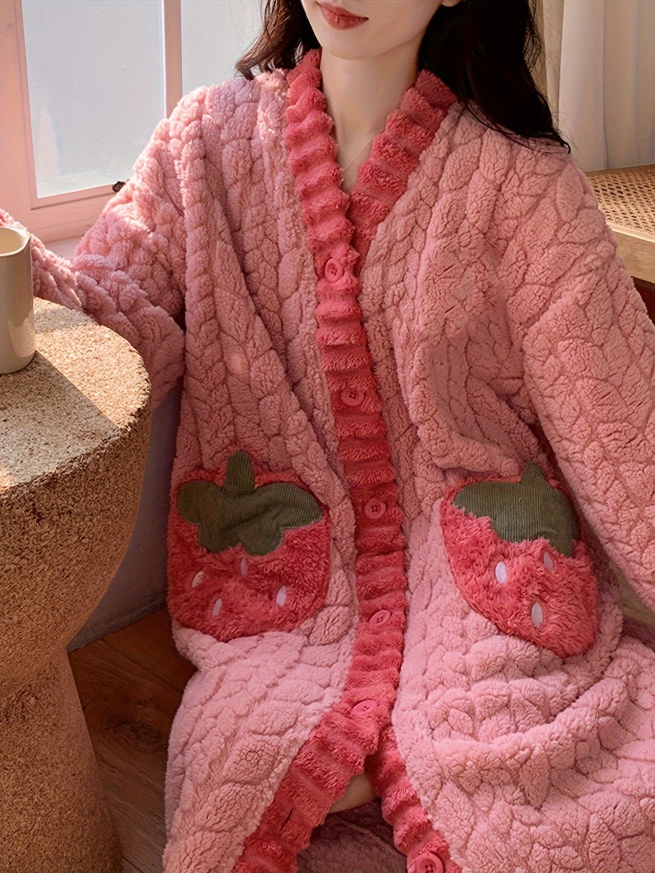 Cozy Coral Fleece V-Neck Long Sleeve Night Dress with Pockets - Plus Size Sleepwear