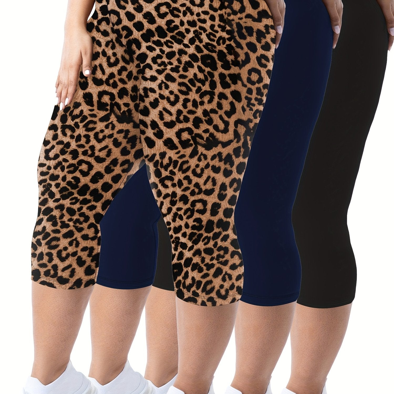 Plus Size - 3pcs High-Waist Capri Leggings for Women