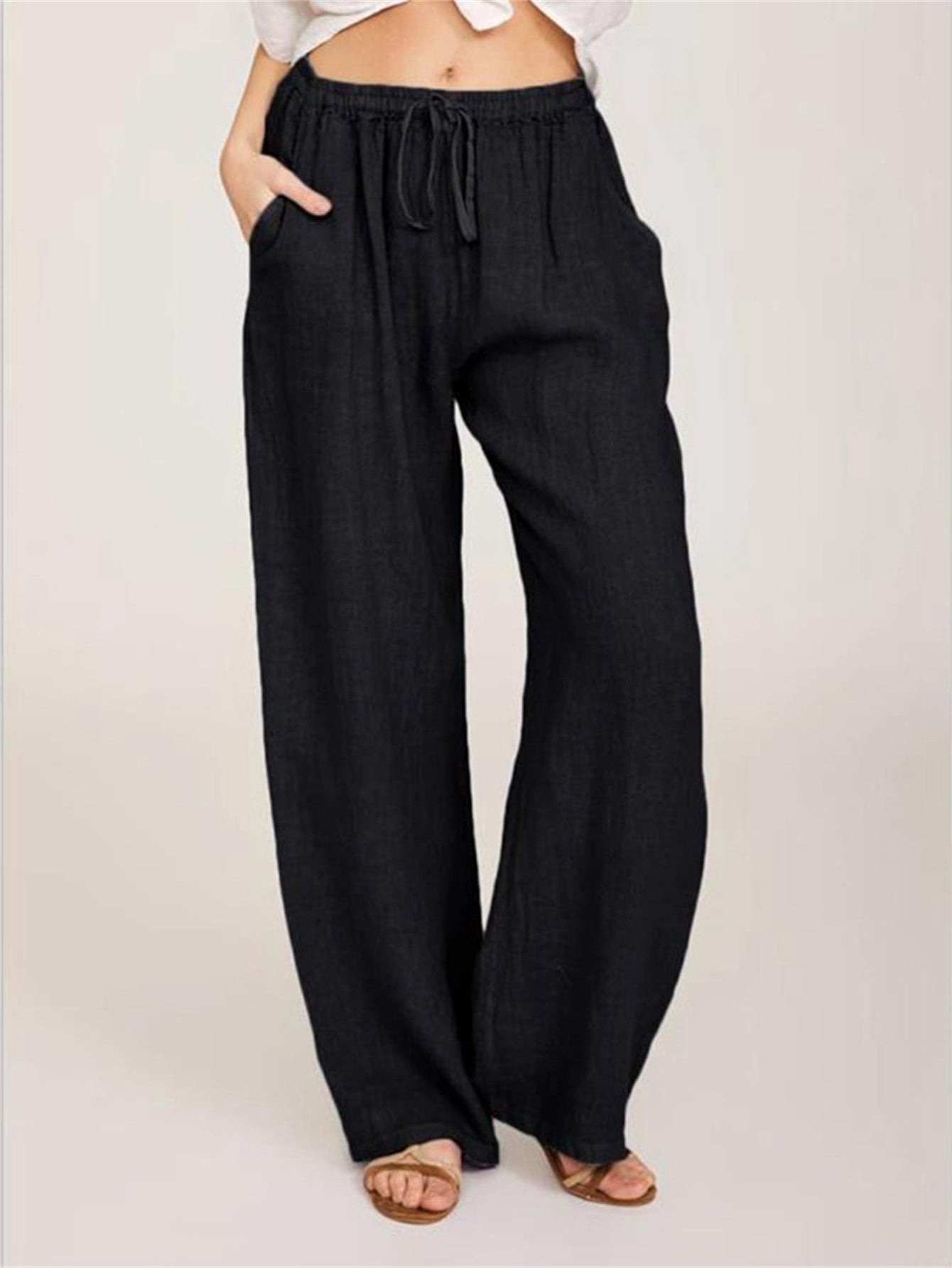 Drawstring Wide Leg Solid Loose Palazzo Pants