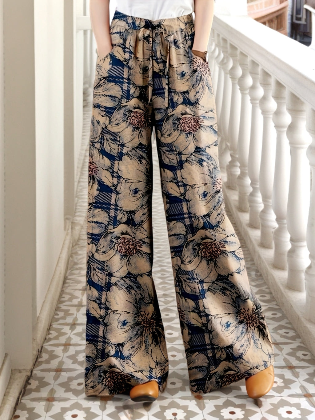 Women's Floral Print Cotton Wide Leg Pants