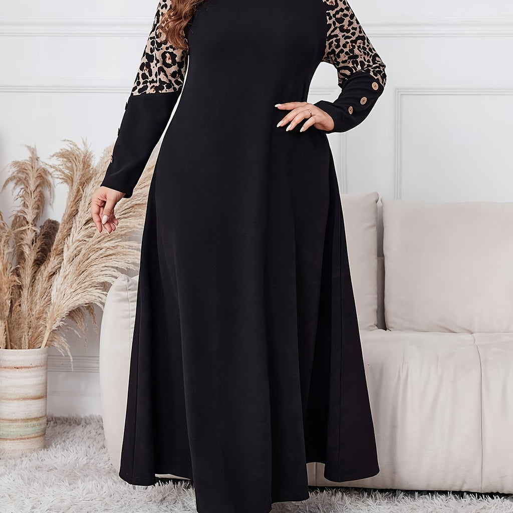 Women's Plus Size Elegant Leopard Print A-Line Maxi Dress with Swing Waist