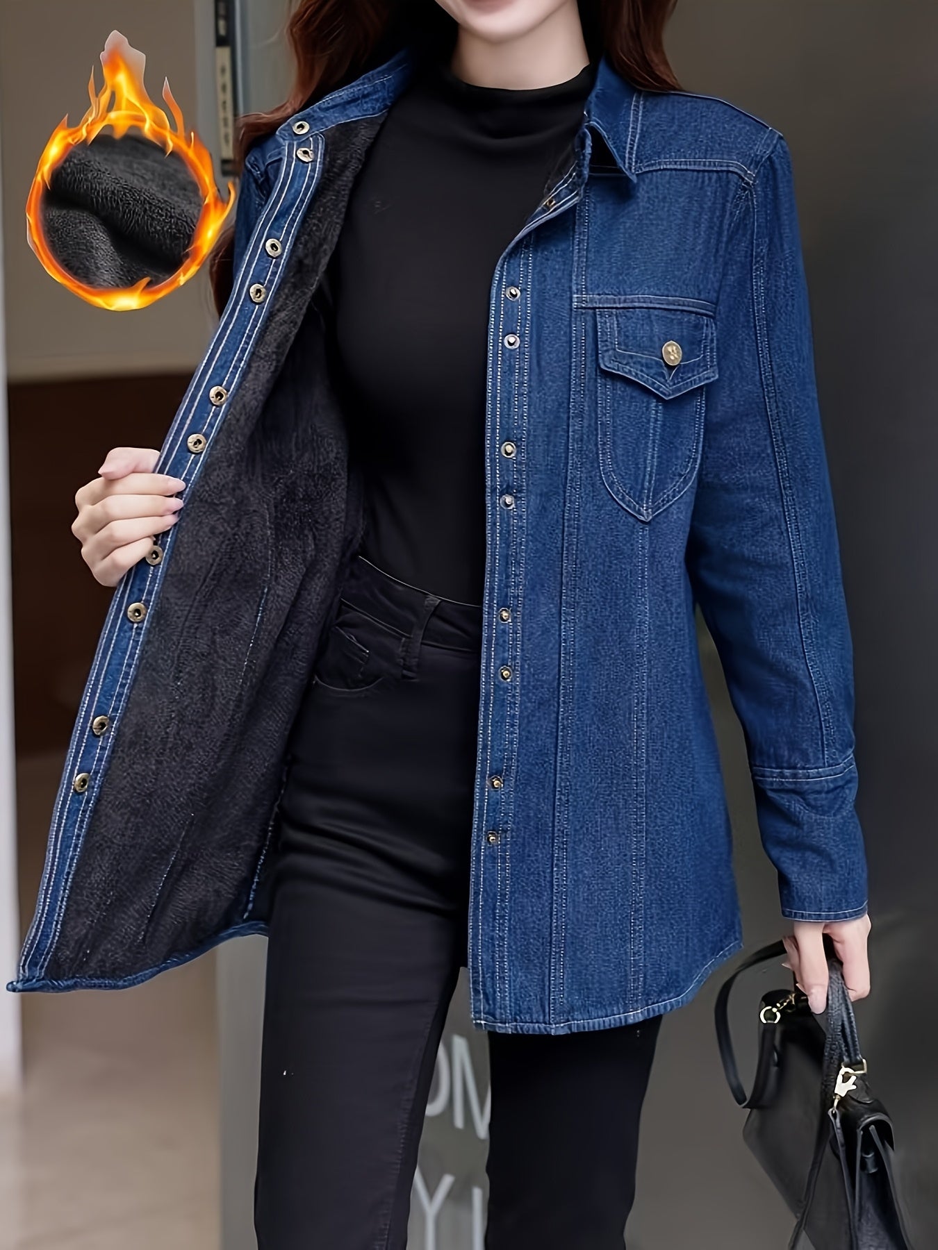 Women's Vintage-Inspired Thickened Denim Shirt - Long Sleeve, Button-Up, Non-Stretch Fabric