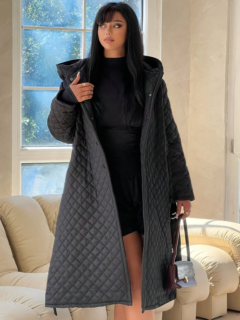 Elegant Fashion Quilted Over-the-Knee Dress with a Loose Hooded Design, Featuring a Belt for Women.