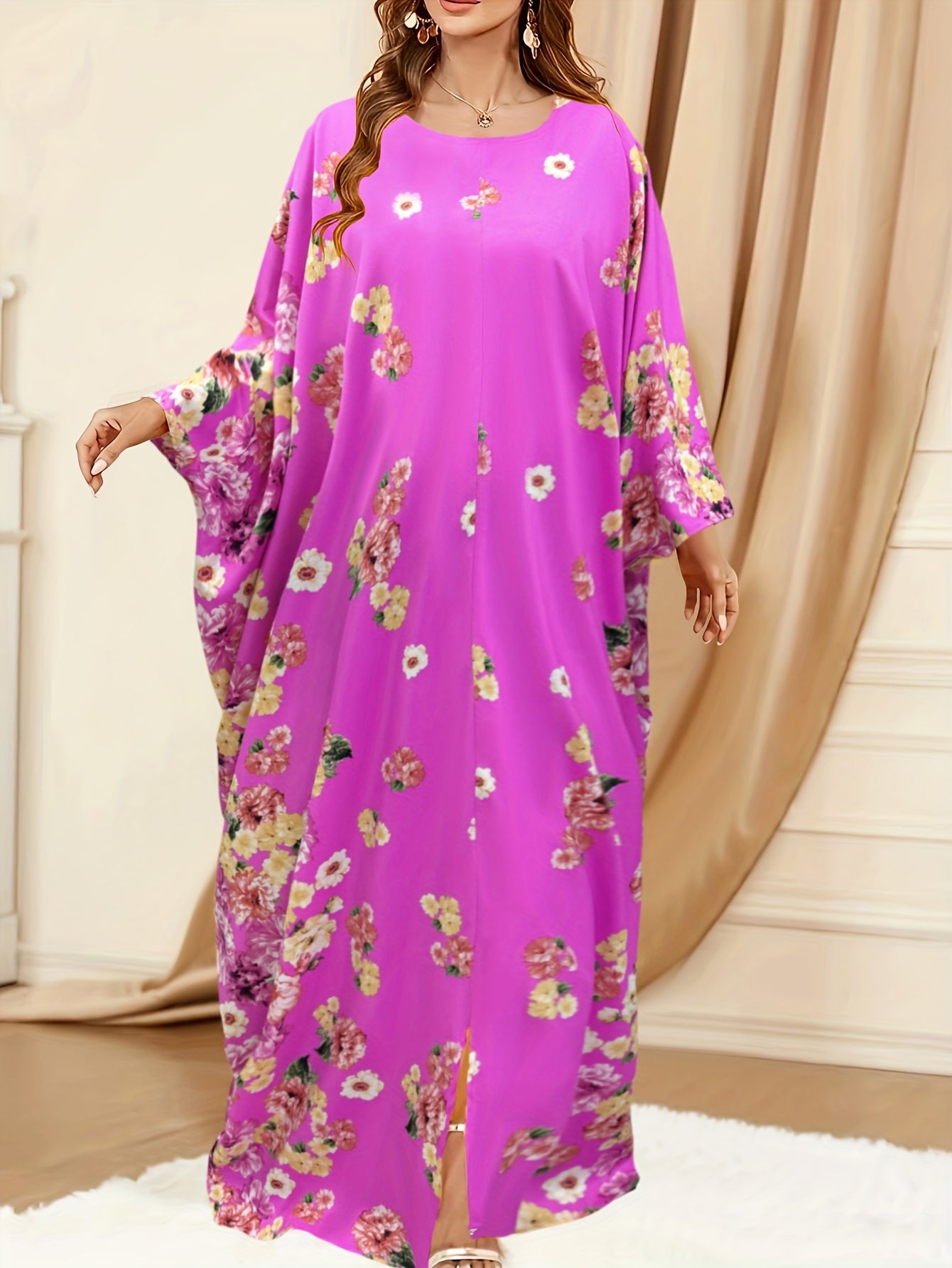 Middle Eastern-Inspired Batwing Sleeves, Loose Fit Floral Print
