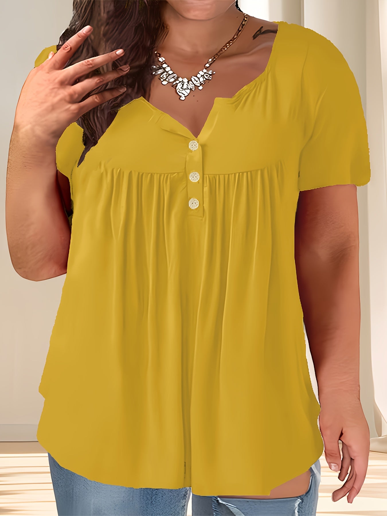 Women'S Plus Size Casual Buttoned Pleated T-Shirt, Summer Knit Fabric Top, Crew Neck, Solid Color, Slight Stretch, Oversized Pullovers,
