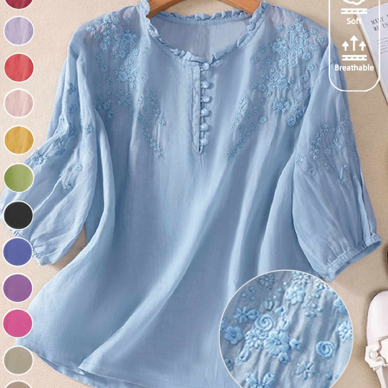 Women's Spring/Summer Embroidered Loose Fit Retro Mid-Sleeve Blouse