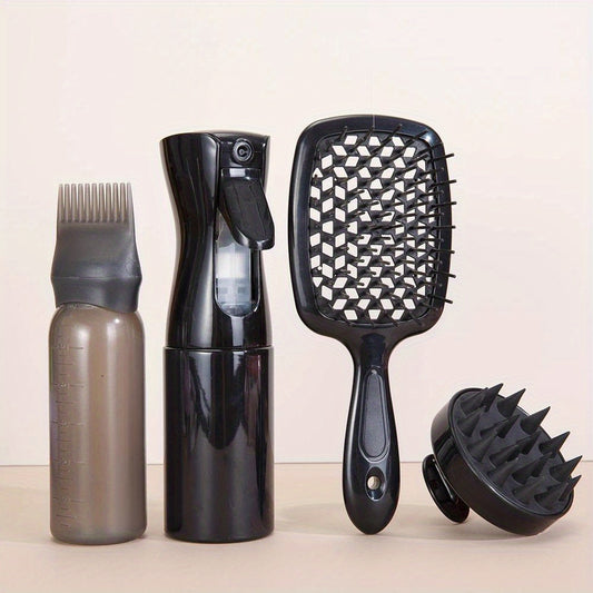 4pcs Hair Care Set, Fine Mist Spray Bottle, Silicone Scalp Massage Brush, Hollow Comb for Oiling, Detangling Hair Brush, Plastic Hair Styling Tools & Accessories Kit for All Hair Types