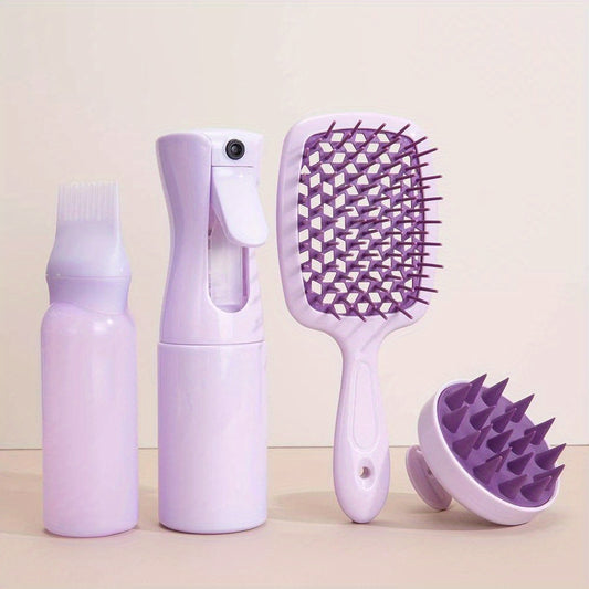 4pcs Hair Care Set, Fine Mist Spray Bottle, Silicone Scalp Massage Brush, Hollow Comb for Oiling, Detangling Hair Brush, Plastic Hair Styling Tools & Accessories Kit for All Hair Types