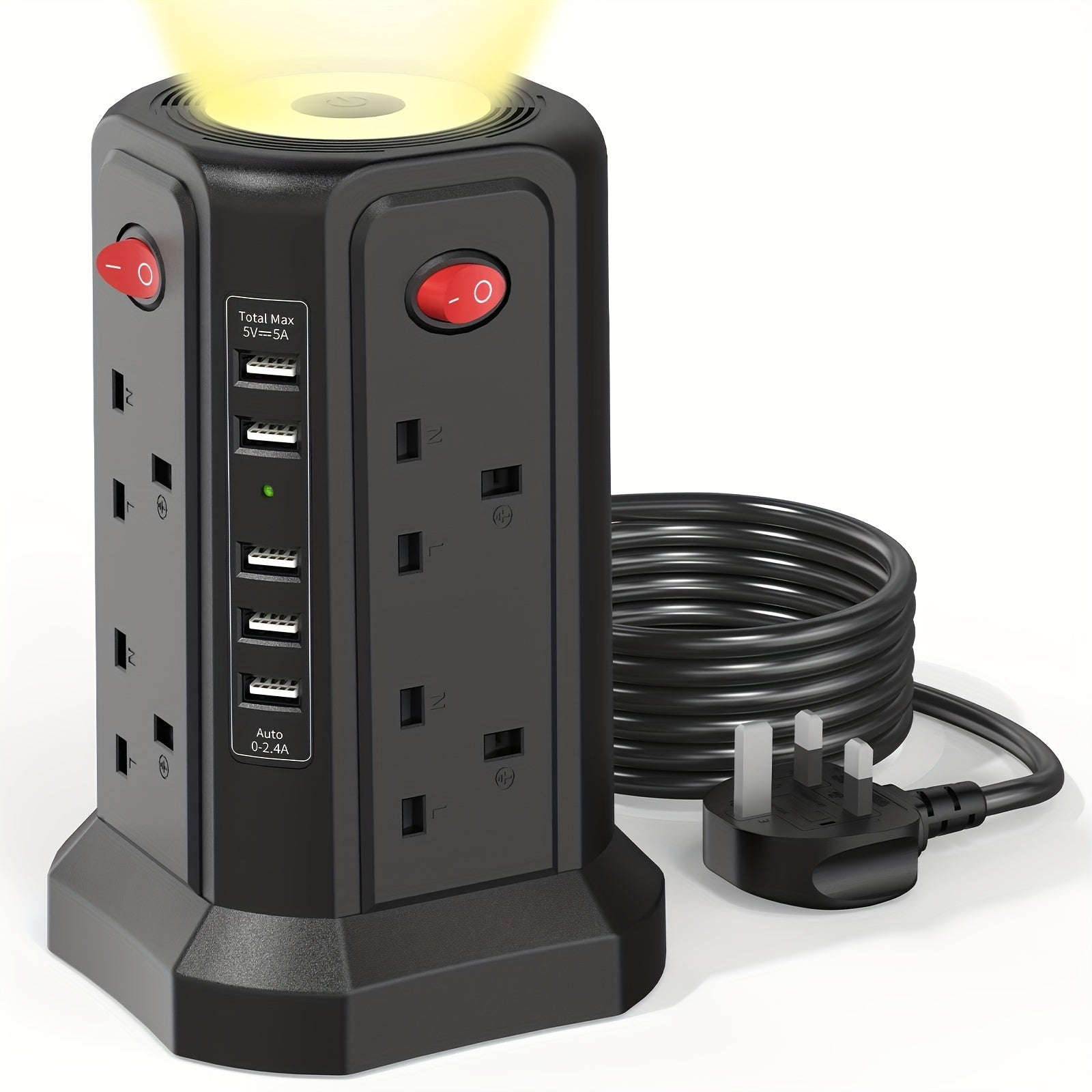 Extension Cord with USB Plug and Night Light, 13A 3250W Extension Tower with 5 USB Ports and 8 Way Plugs