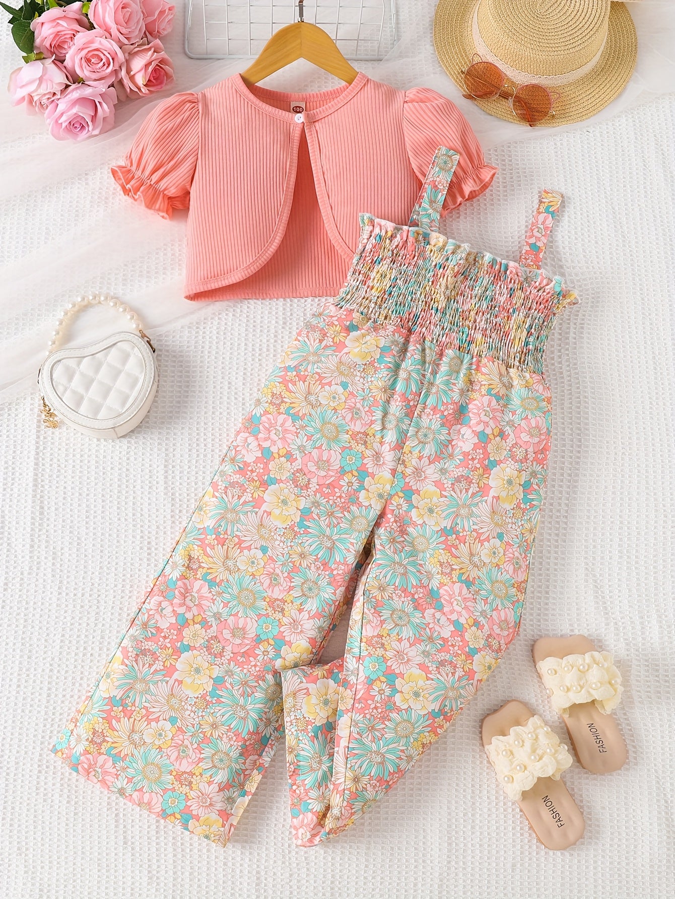 Summer Floral Print Pleated Suspender Jumpsuit for Girls