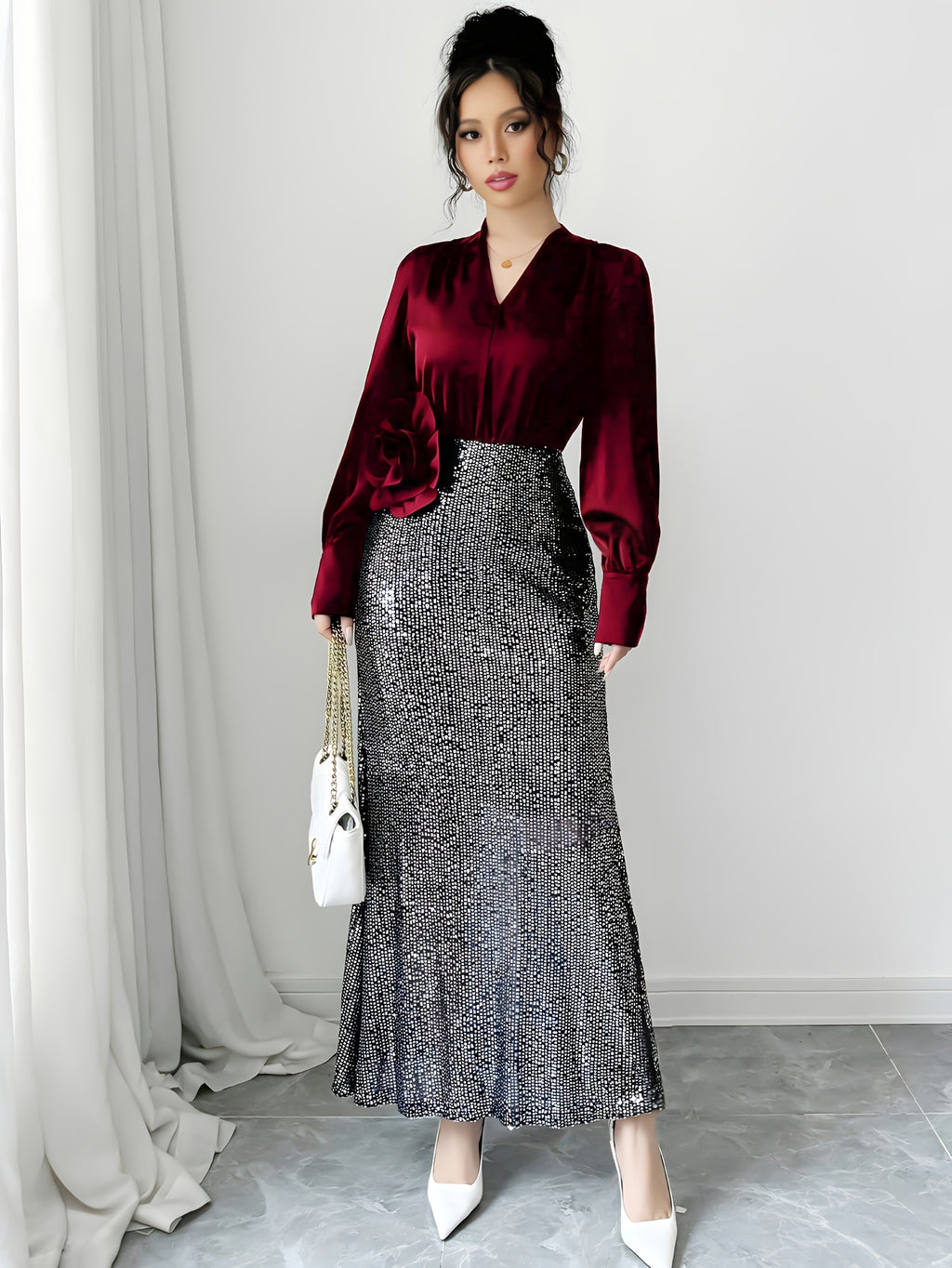 French Elegant V-Neck Sequin 3D Rose Dress - Sparkling Long Sleeve A-Line Evening Gown