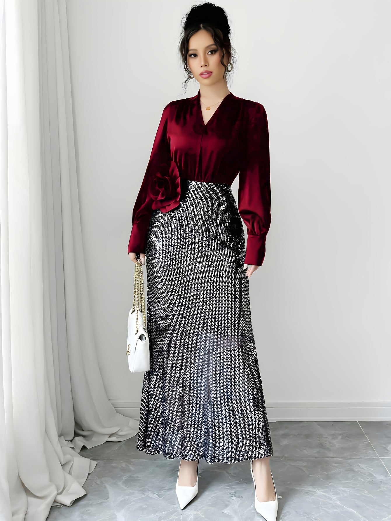 French Elegant V-Neck Sequin 3D Rose Dress - Sparkling Long Sleeve A-Line Evening Gown