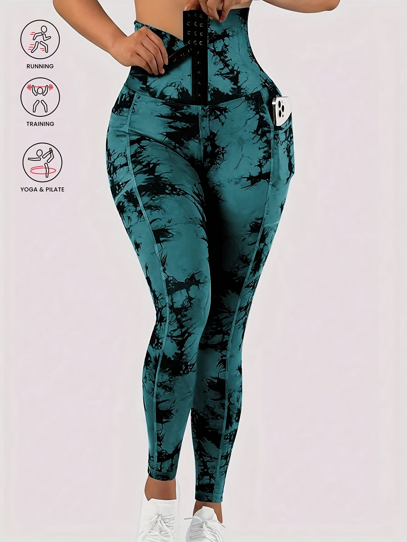 Women' High-Waist Tie-Dye Yoga Leggings with Front Button Closure & Pockets