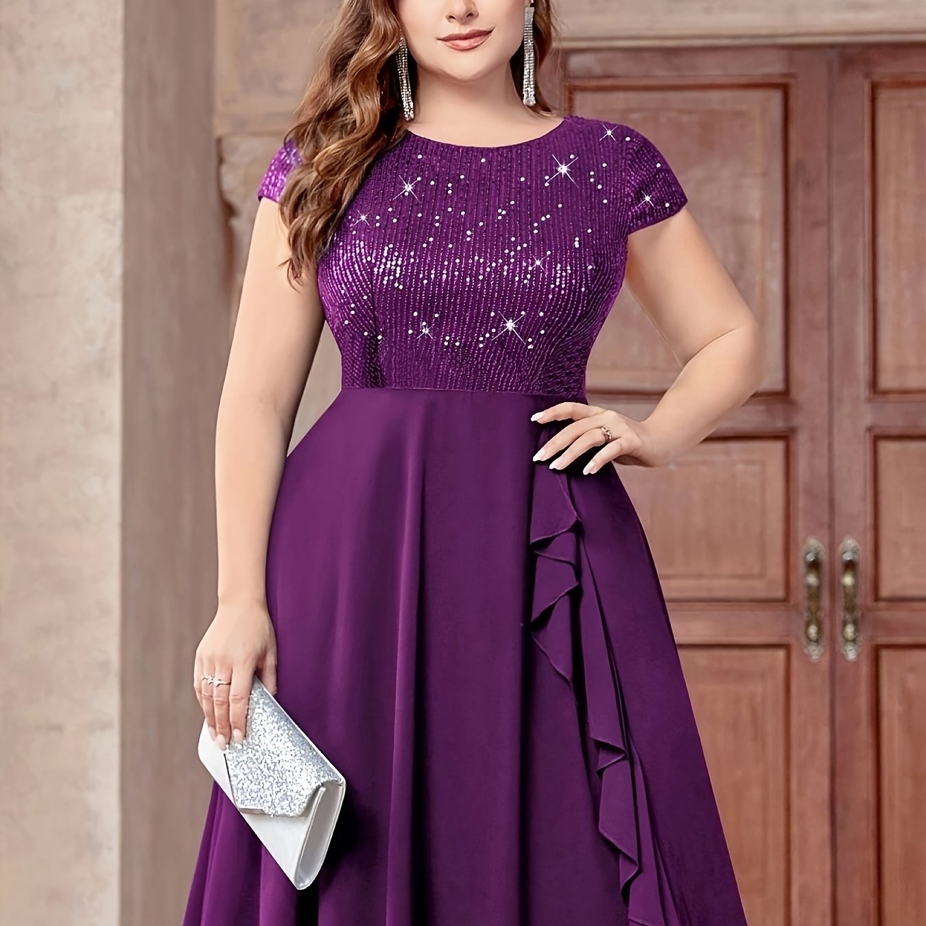 Women'S Plus-Size Chiffon Dress with Sequin Patchwork Party Dress Eid Dress