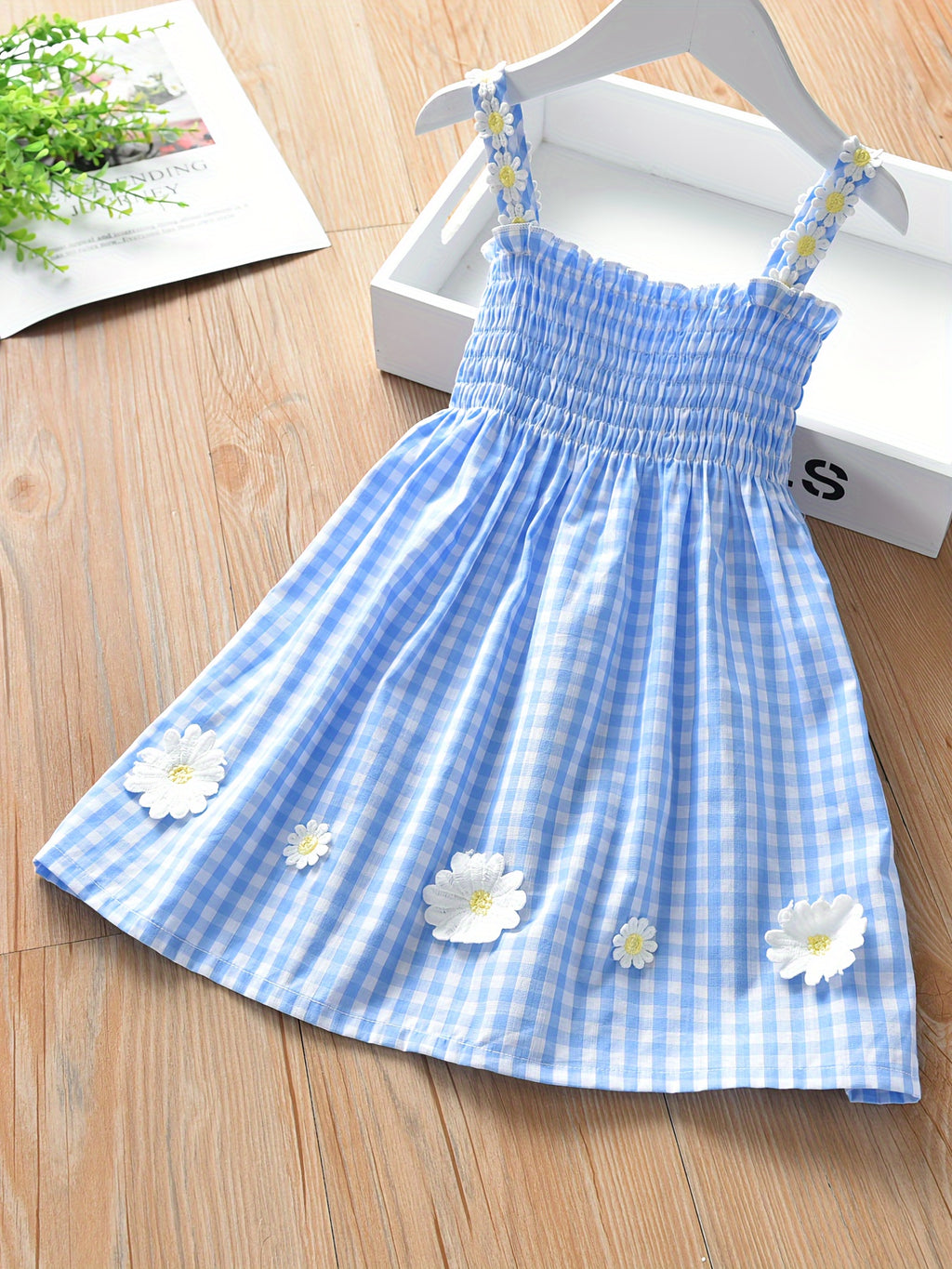 Girls' New Summer Daisy Plaid Casual Dress