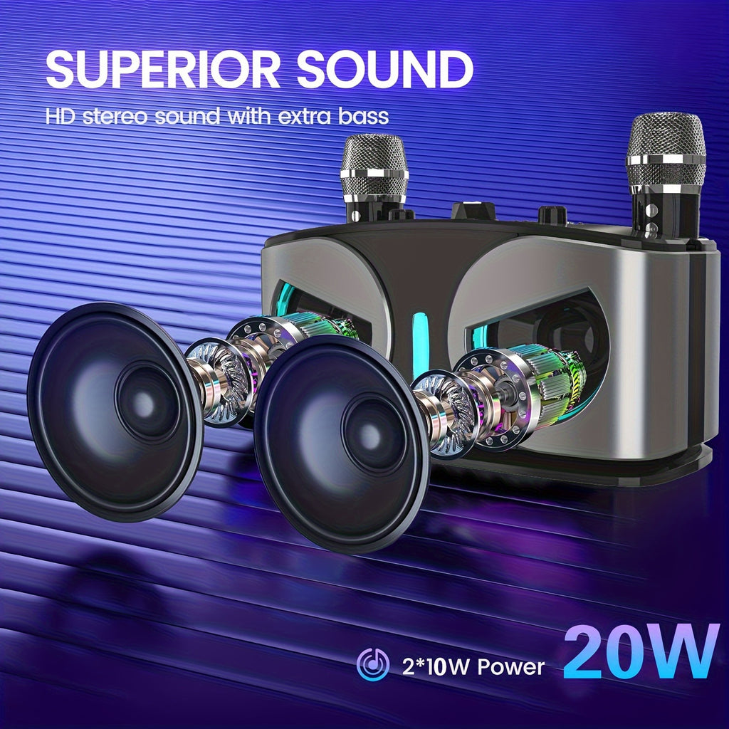 Dual-microphone portable wireless speaker with built-in RGB lights, supporting wireless AUX