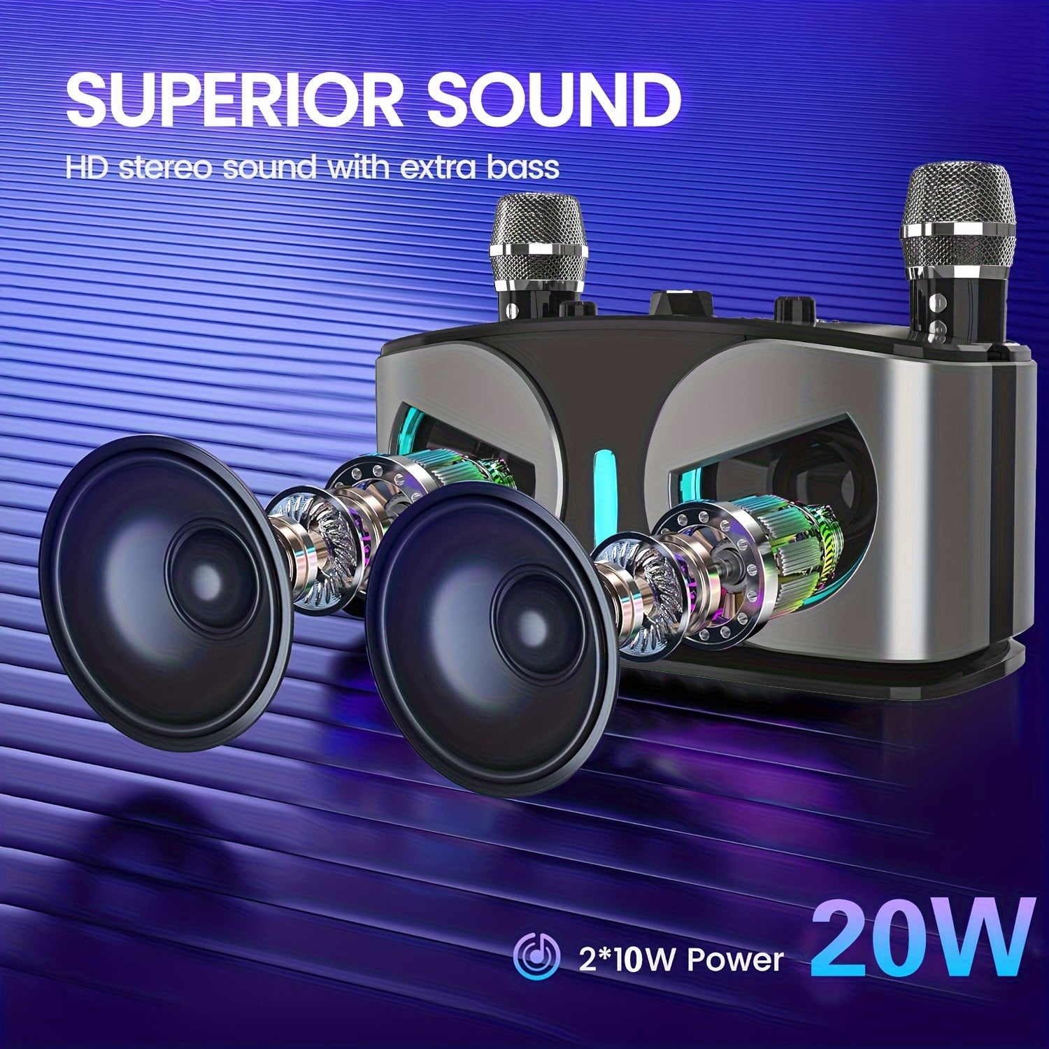 Dual-microphone portable wireless speaker with built-in RGB lights, supporting wireless AUX